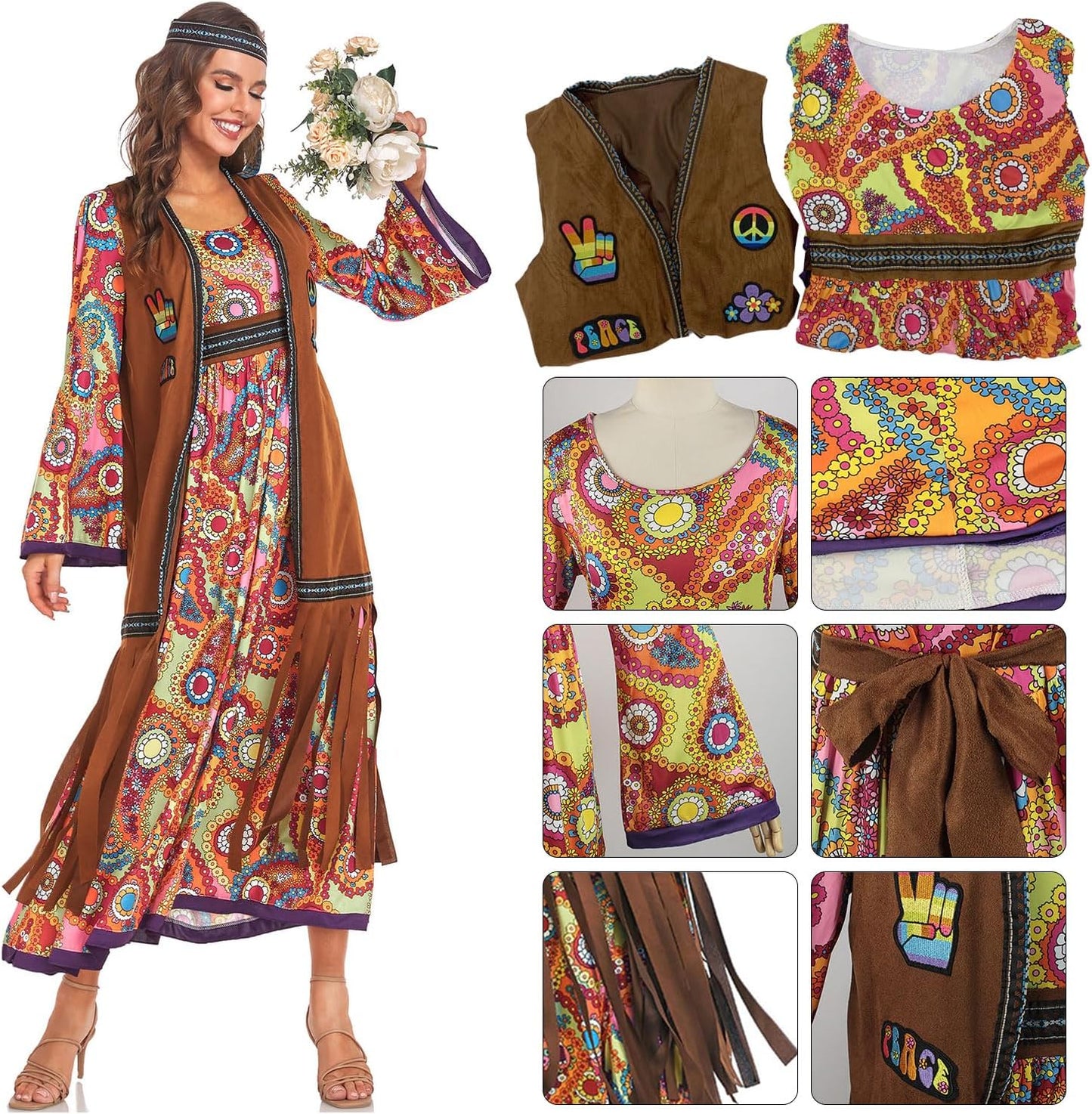 60s costume women, hippie women's dress set, 70s disco halloween outfits, hippie clothing women's costume, 60s clothing accessories M