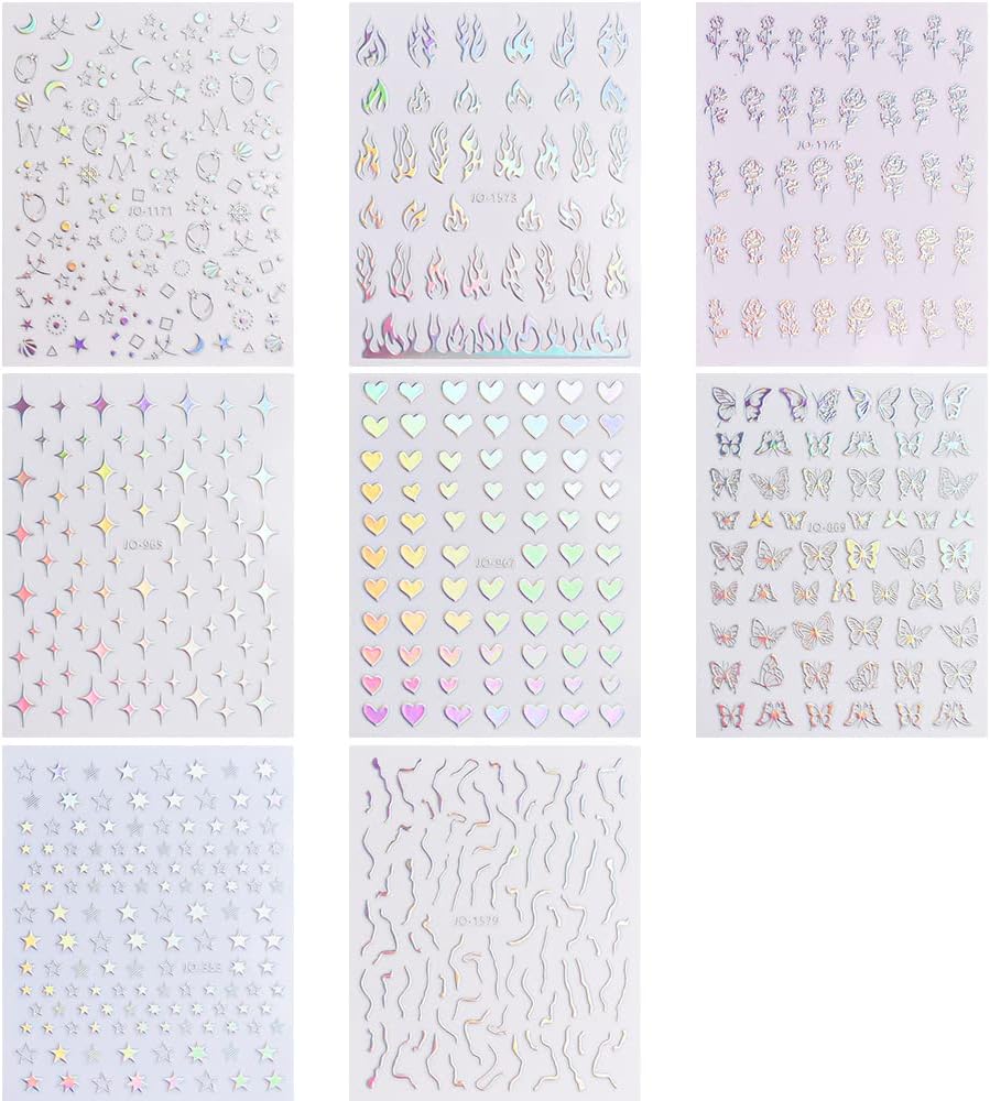 Sheets Aurora Nail Stickers 3D Holographic Laser Heart Star Moon Flame Flower Butterfly Nail Decals Self-adhesive Nail