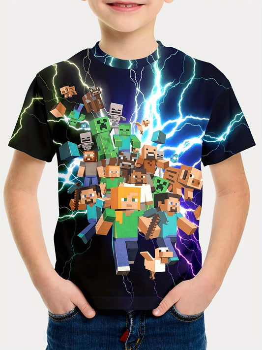 Minecraft T-shirt for boys and girls, cute pattern design, cartoon print, round neck, funny short sleeve top, casual spring summer children G 150cm