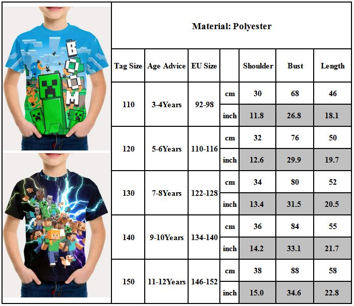Minecraft T-shirt for boys and girls, cute pattern design, cartoon print, round neck, funny short sleeve top, casual spring summer children D 150cm