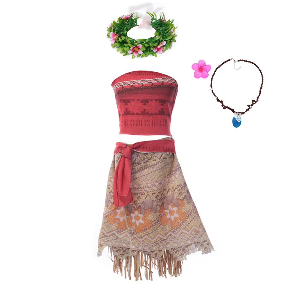 Moana Dresses Girls Children's Clothing Cosplay Vaiana Princess Dress Necklace Wig Kids Carnival Party Summer Disney Costume Set Moana Set 03 Moana Set 03 9-10T(150)