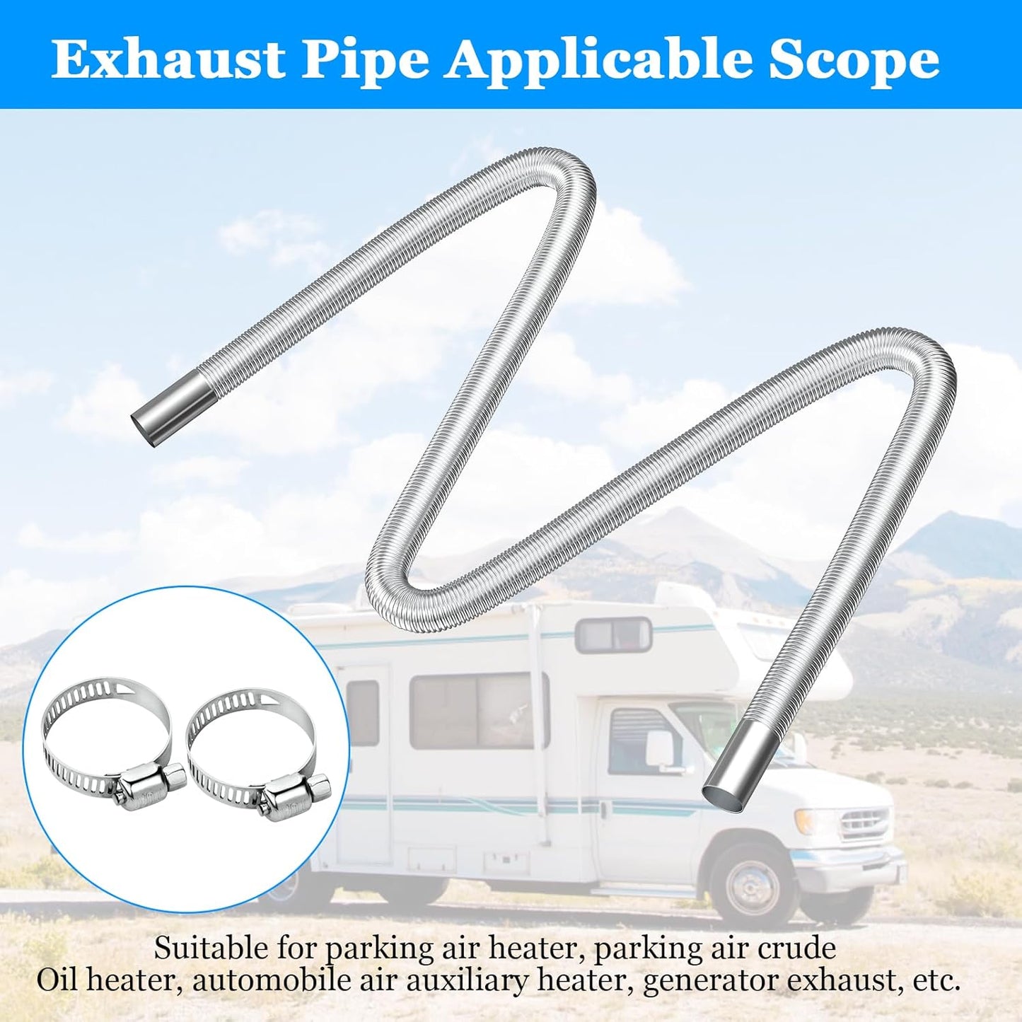Air heater hose, 300 cm Ø 2.5 cm stainless steel exhaust pipe, parking heater pipe with 2 hose clamps, for parking heater 300CM