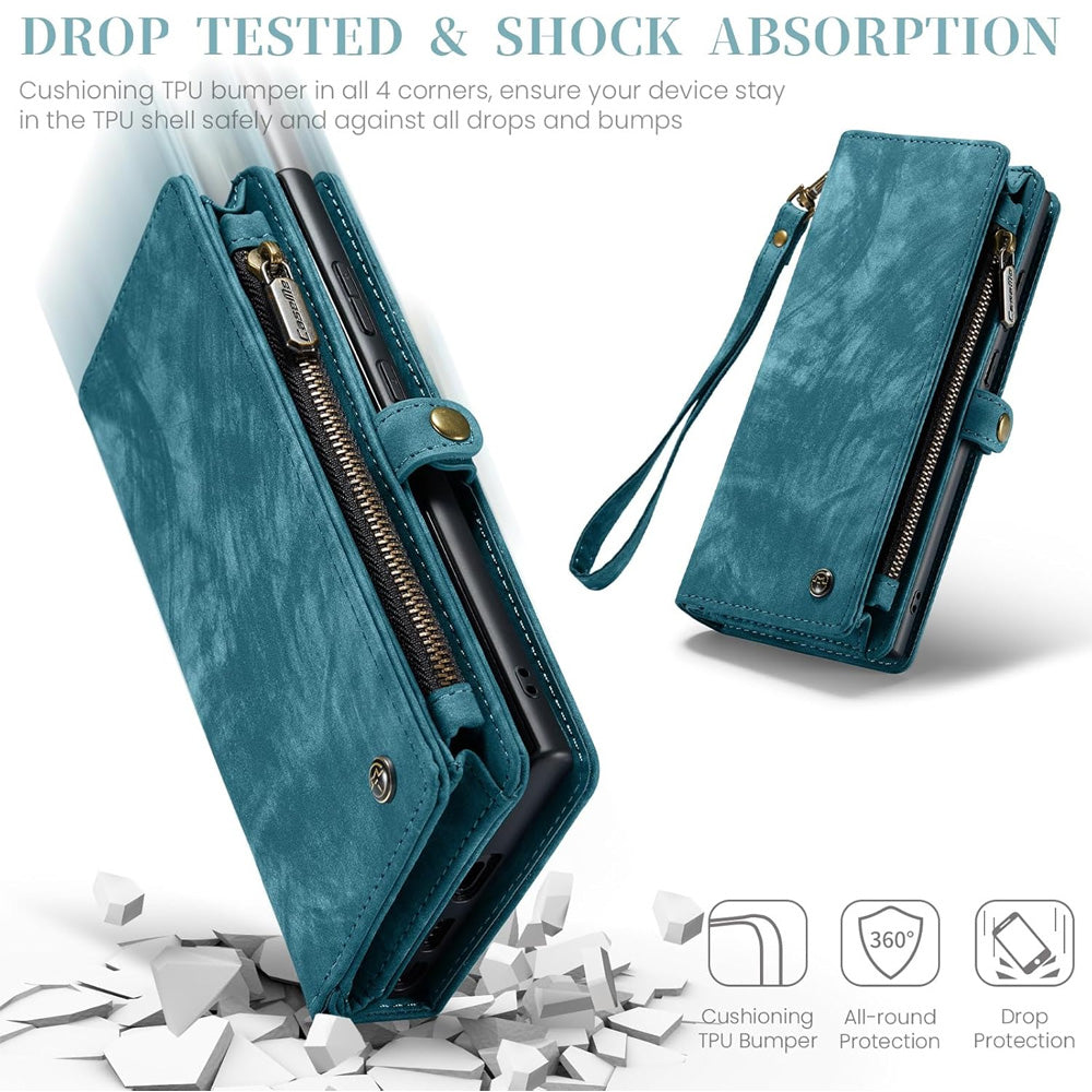 2-in-1 Detachable Wallet Case for iPhone 16 & Samsung, Retro Leather Flip Case with Card Holder & Magnetic Zipper Black Black 三星S25