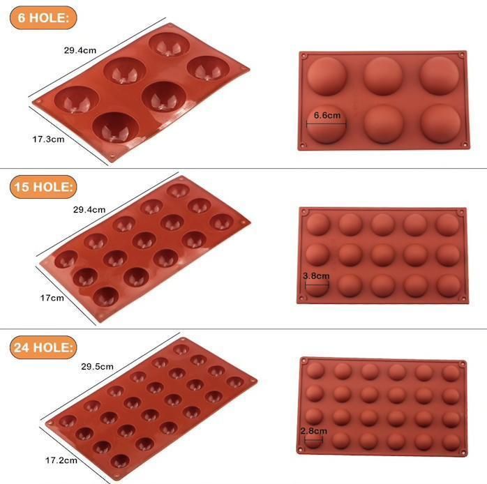 24-Piece Silicone Mold for Ice Chocolate Jelly, Brown Hemisphere Ball Mold 6/8/15/24