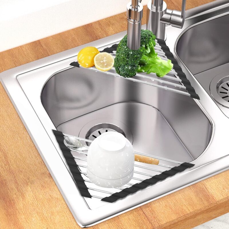 2 Pieces Sink Dish Drainer Black Foldable Removable Stainless Steel Sink Roller Drainer Triangular, 41CM, 15CM