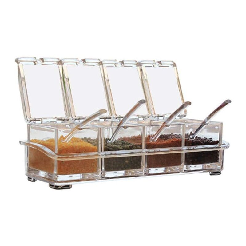 4 Pieces Kitchen Transparent Acrylic Condiment Box Four inch one Spice Jars with Spoons and Condiment Containers, Kitchen Utensils