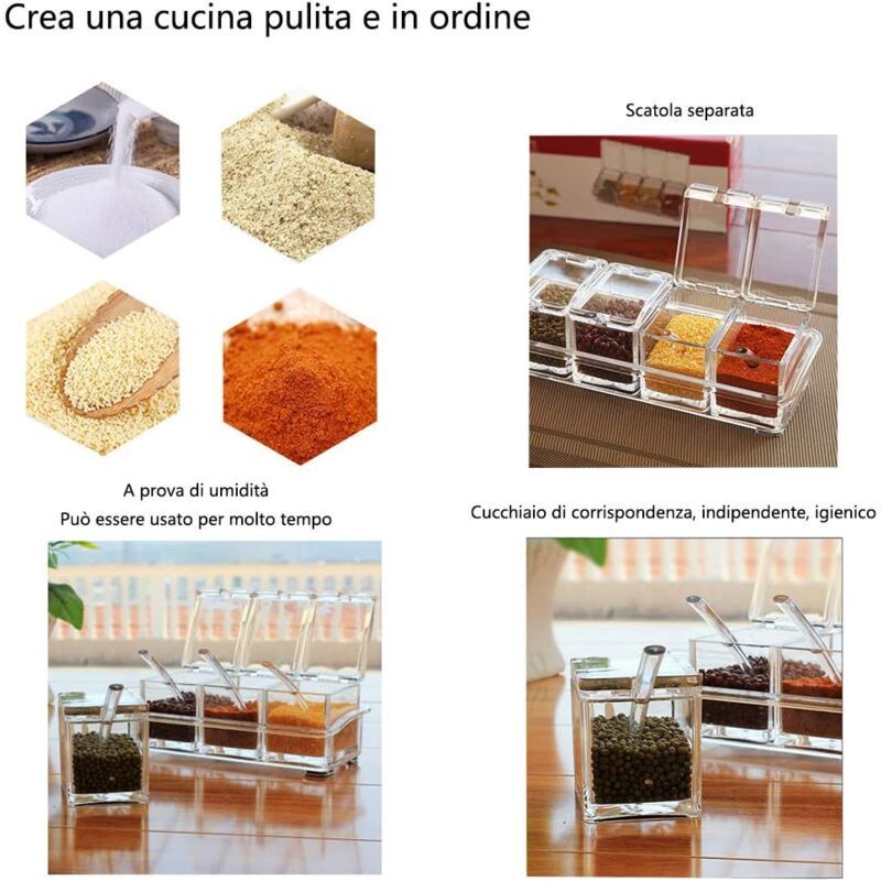 4 Pieces Kitchen Transparent Acrylic Condiment Box Four inch one Spice Jars with Spoons and Condiment Containers, Kitchen Utensils