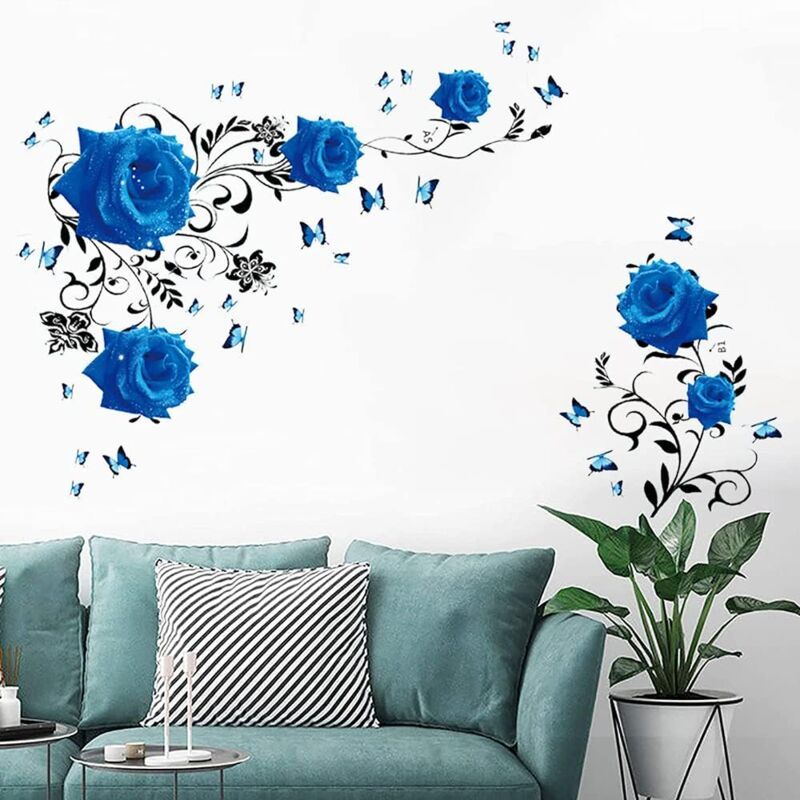 Wall Decal, Blue Rose Wall Stickers Blue Peony Floral Wall Decor Vinyl Wall Art for Bedroom TV Wall Decor