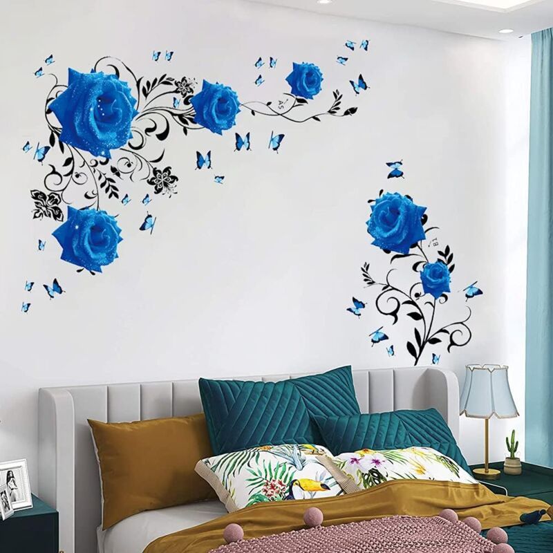 Wall Decal, Blue Rose Wall Stickers Blue Peony Floral Wall Decor Vinyl Wall Art for Bedroom TV Wall Decor
