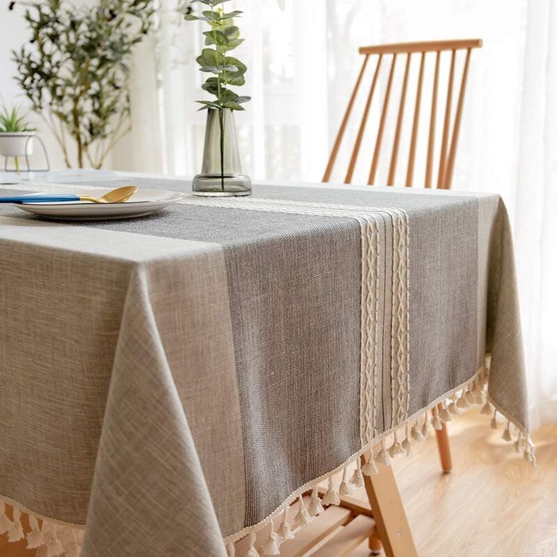 Tablecloths, Embroidery Table Cloth Washable Cotton Linen Tassel Tablecloth, Anti Fade Wrinkle Free Table Cover, Grey, 100 x 160cm