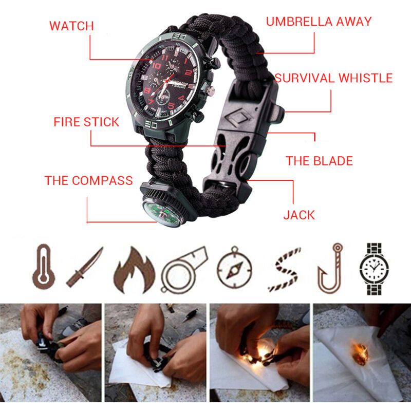 Outdoor Camping Survival Watch Multifunction Bracelet Tool Kit Compass Rope Whistle Paracord