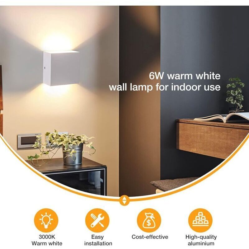 2 Pcs Indoor Wall Light, Bedroom Wall Light 6W 3000K, LED Square Wall Light, White Wall Lamp Used in Living Room, Bathroom, Kitchen, Dining Room