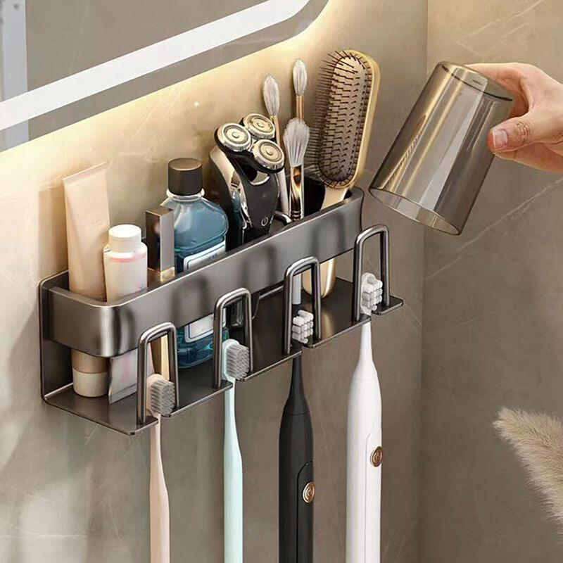 Electric Toothbrush Holder No Drilling Wall Mounted Space Saving Electric Toothbrush Holder Bathroom Accessories Grey 4 Cups