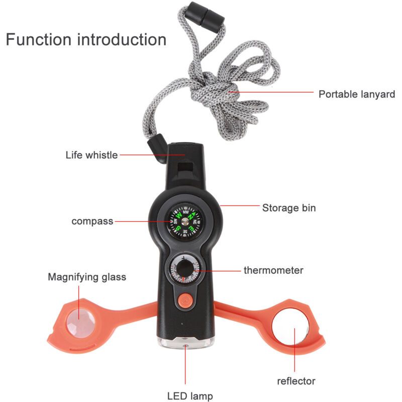 7 in 1 Emergency Survival Whistle, LED Thermometer, Compass, Multi-Function Whistle for Hiking, Climbing, Orange