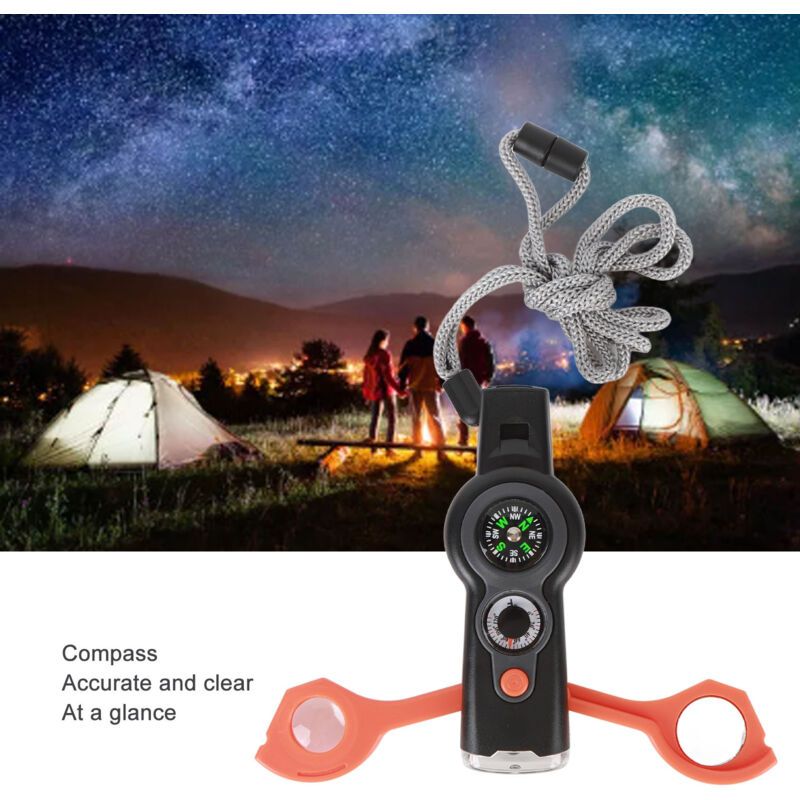 7 in 1 Emergency Survival Whistle, LED Thermometer, Compass, Multi-Function Whistle for Hiking, Climbing, Orange