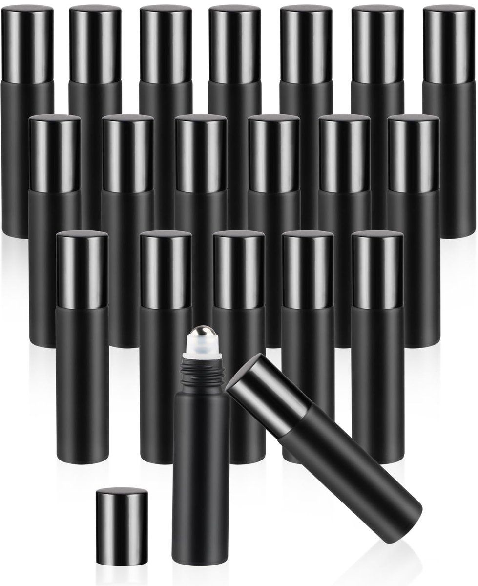 10 Pack Glass Roller Bottles With Stainless Steel Roller Ball Refillable Roll On For Essential Oils Perfume Travel Matte Black, 10 ml