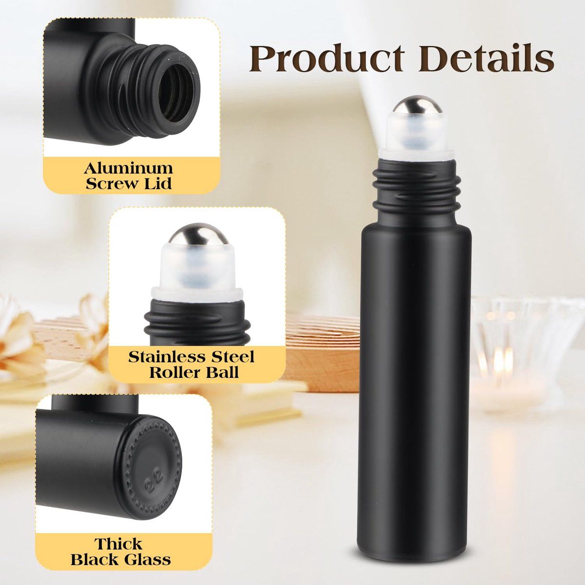 10 Pack Glass Roller Bottles With Stainless Steel Roller Ball Refillable Roll On For Essential Oils Perfume Travel Matte Black, 10 ml