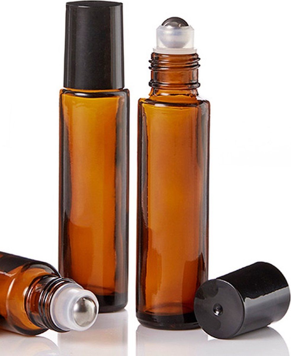 10 Pack Empty Amber Glass Roll On Bottles With Stainless Steel Roller Ball And Black Caps For Essential Oils Perfume And DIY Skincare Travel, 10 ml