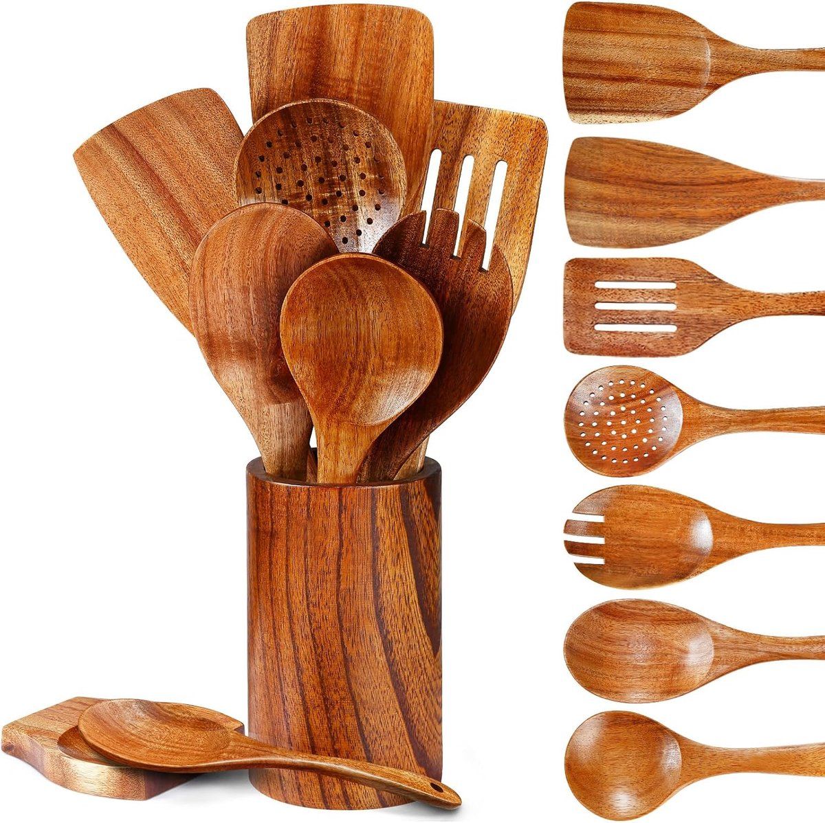 9 Piece Wooden Cooking Utensil Set, Heat Resistant Non Scratch Spoons And Spatulas With Holder, For Nonstick Cookware Kitchen, Yellow Brown