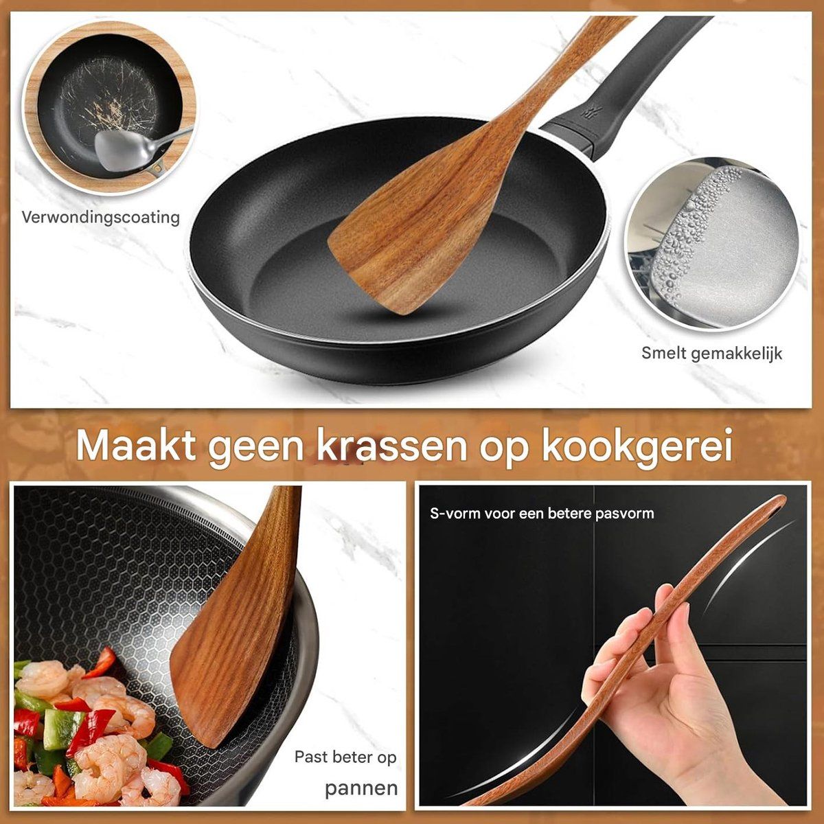 9 Piece Wooden Cooking Utensil Set, Heat Resistant Non Scratch Spoons And Spatulas With Holder, For Nonstick Cookware Kitchen, Yellow Brown