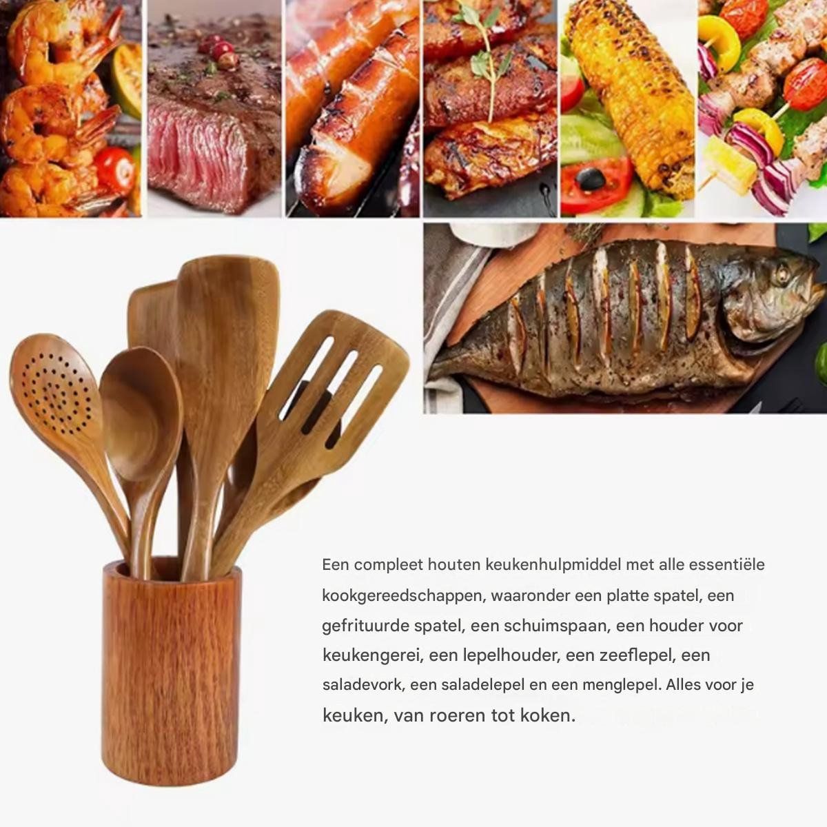 9 Piece Wooden Cooking Utensil Set, Heat Resistant Non Scratch Spoons And Spatulas With Holder, For Nonstick Cookware Kitchen, Yellow Brown