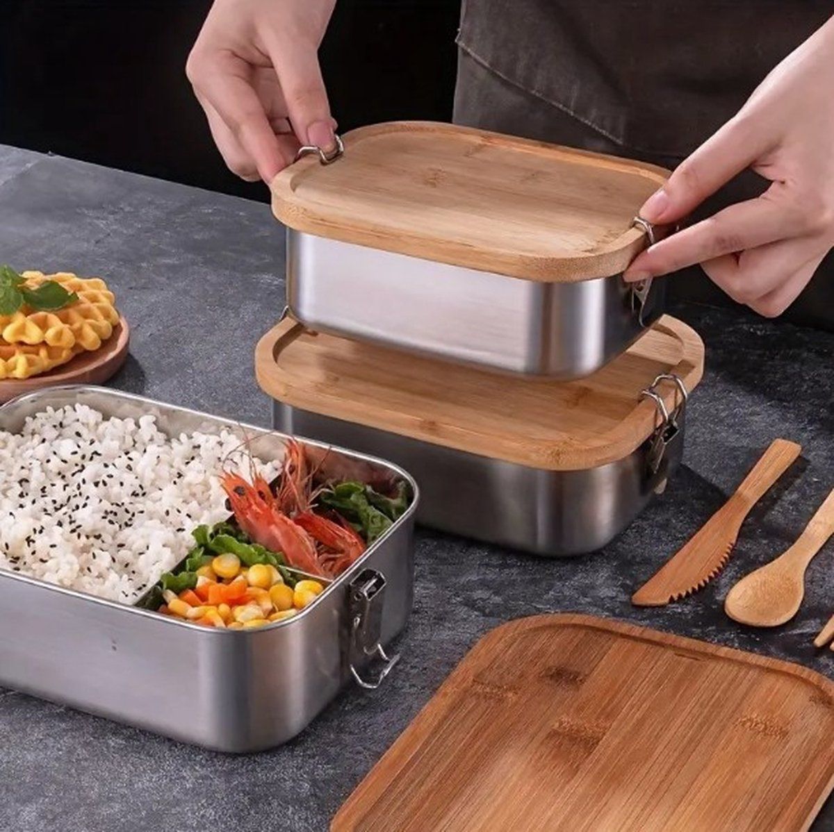 Stainless Steel Lunch Box With Bamboo Lid, Airtight Food Storage Container With Divider, For Work School Travel, 550 ml