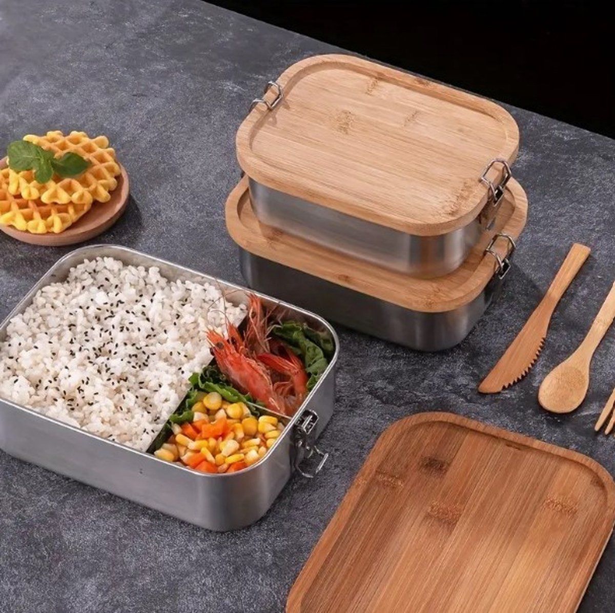 Stainless Steel Lunch Box With Bamboo Lid, Airtight Food Storage Container With Divider, For Work School Travel, 550 ml
