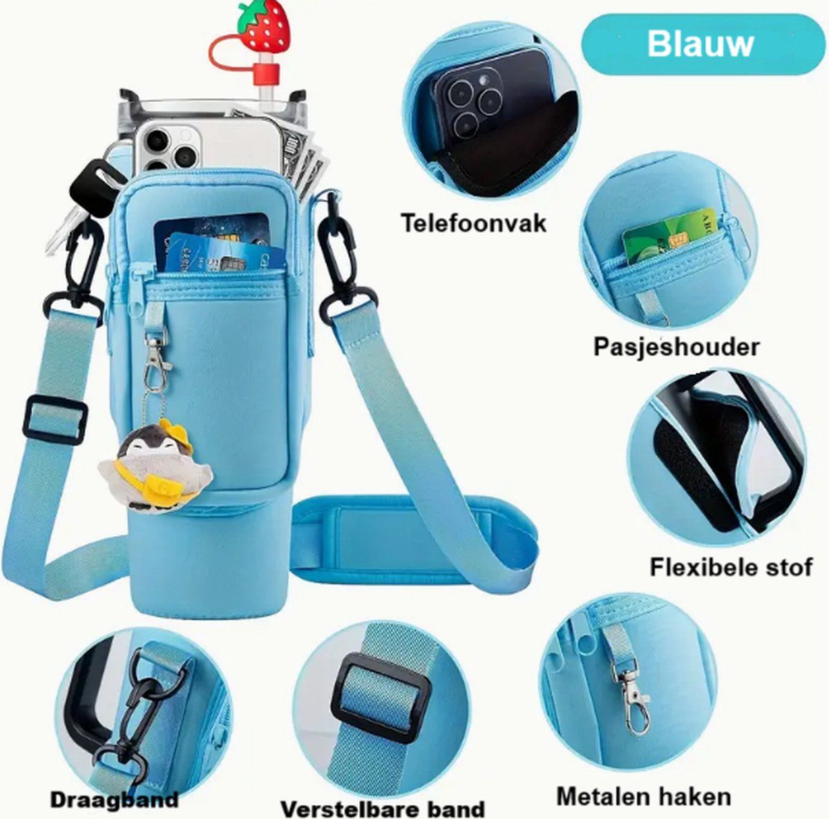 Water Bottle Carrier Compatible With Stanley Quencher H2.0 40 oz, Phone Pocket, Blue