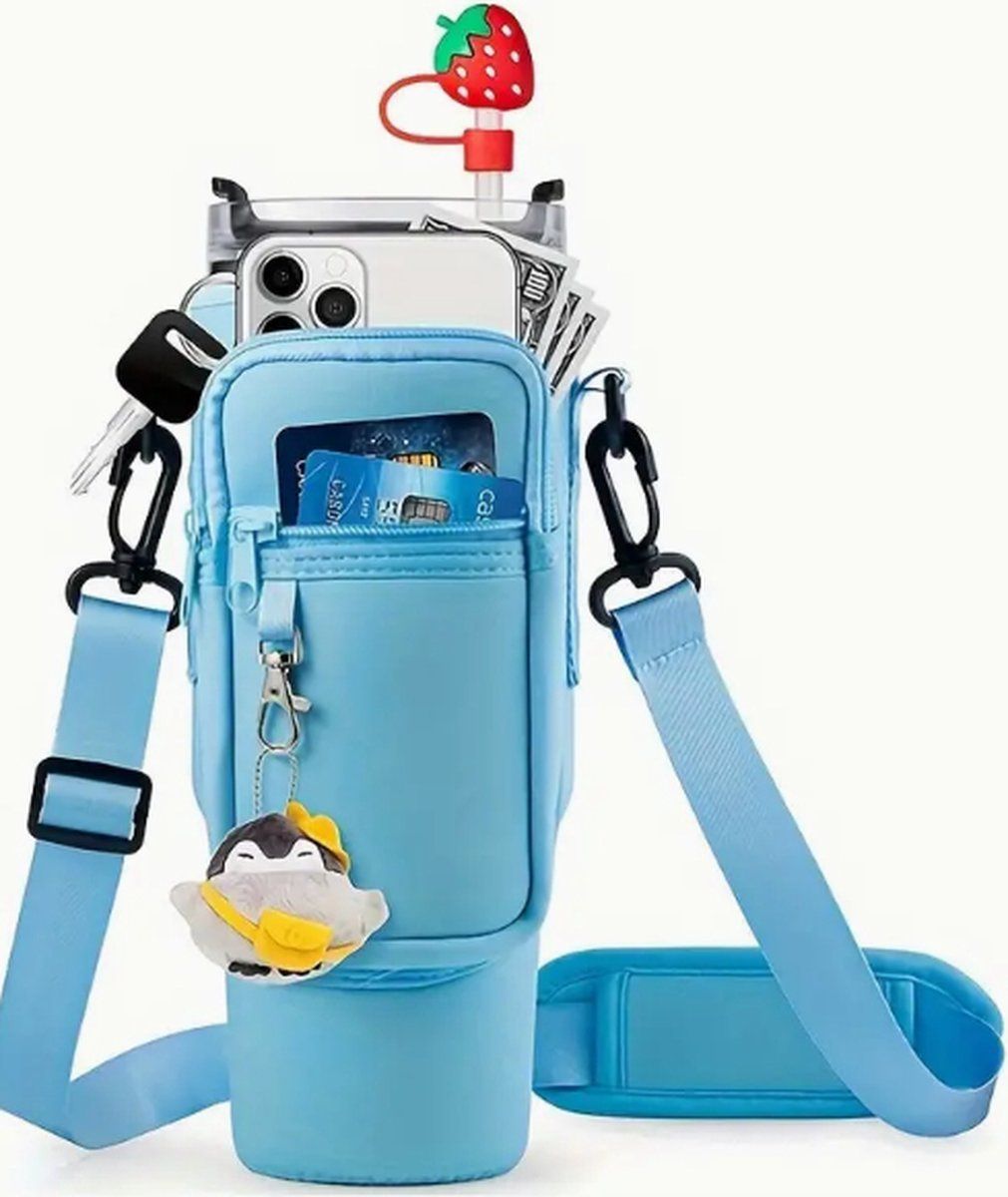 Water Bottle Carrier Compatible With Stanley Quencher H2.0 40 oz, Phone Pocket, Blue