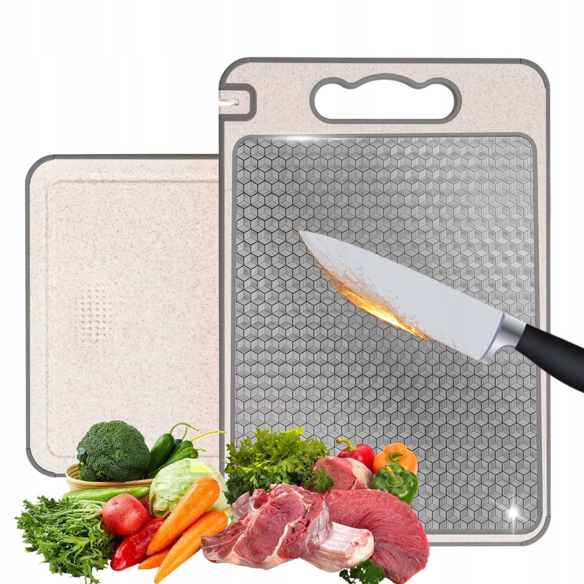 Double Sided Stainless Steel Cutting Board With Non Slip Edge Juice Groove And Built In Knife Sharpener For Meat Vegetables Fruit, 14.37 x 9.84 in
