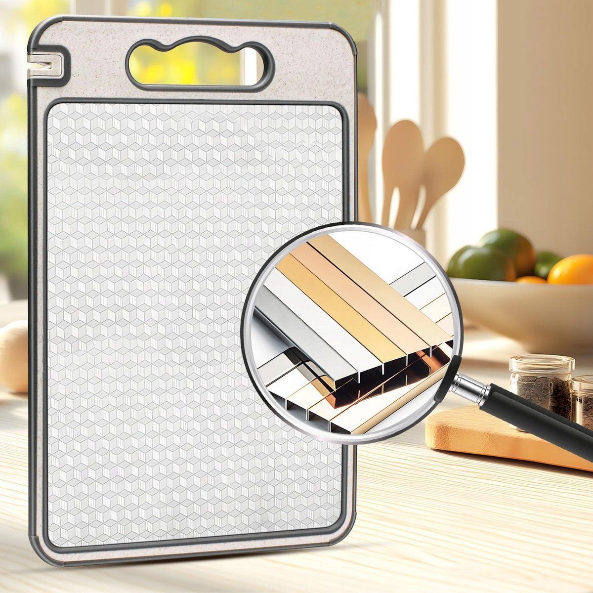 Double Sided Stainless Steel Cutting Board With Non Slip Edge Juice Groove And Built In Knife Sharpener For Meat Vegetables Fruit, 14.37 x 9.84 in
