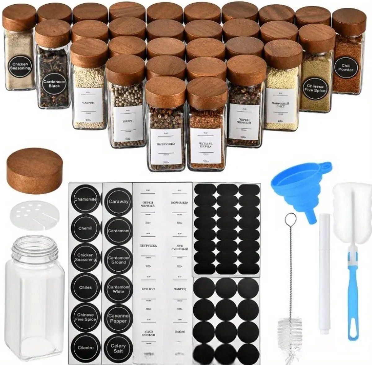 12 Pack Spice Jars, Square Glass Jars With Bamboo Lids And Labels, Funnel And Brush For Kitchen Spice Rack Organizer, Clear, 4 oz, 118 ml