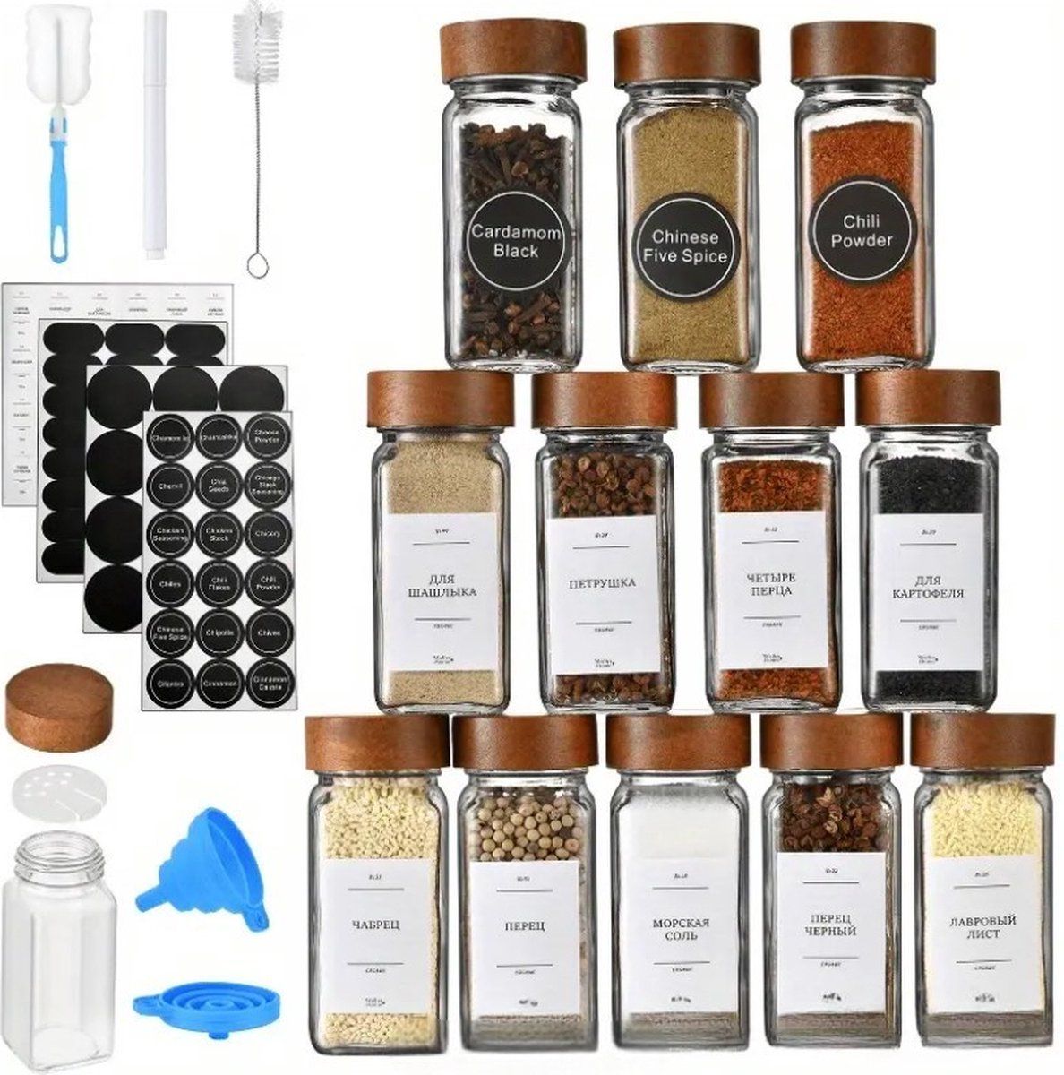 12 Pack Spice Jars, Square Glass Jars With Bamboo Lids And Labels, Funnel And Brush For Kitchen Spice Rack Organizer, Clear, 4 oz, 118 ml