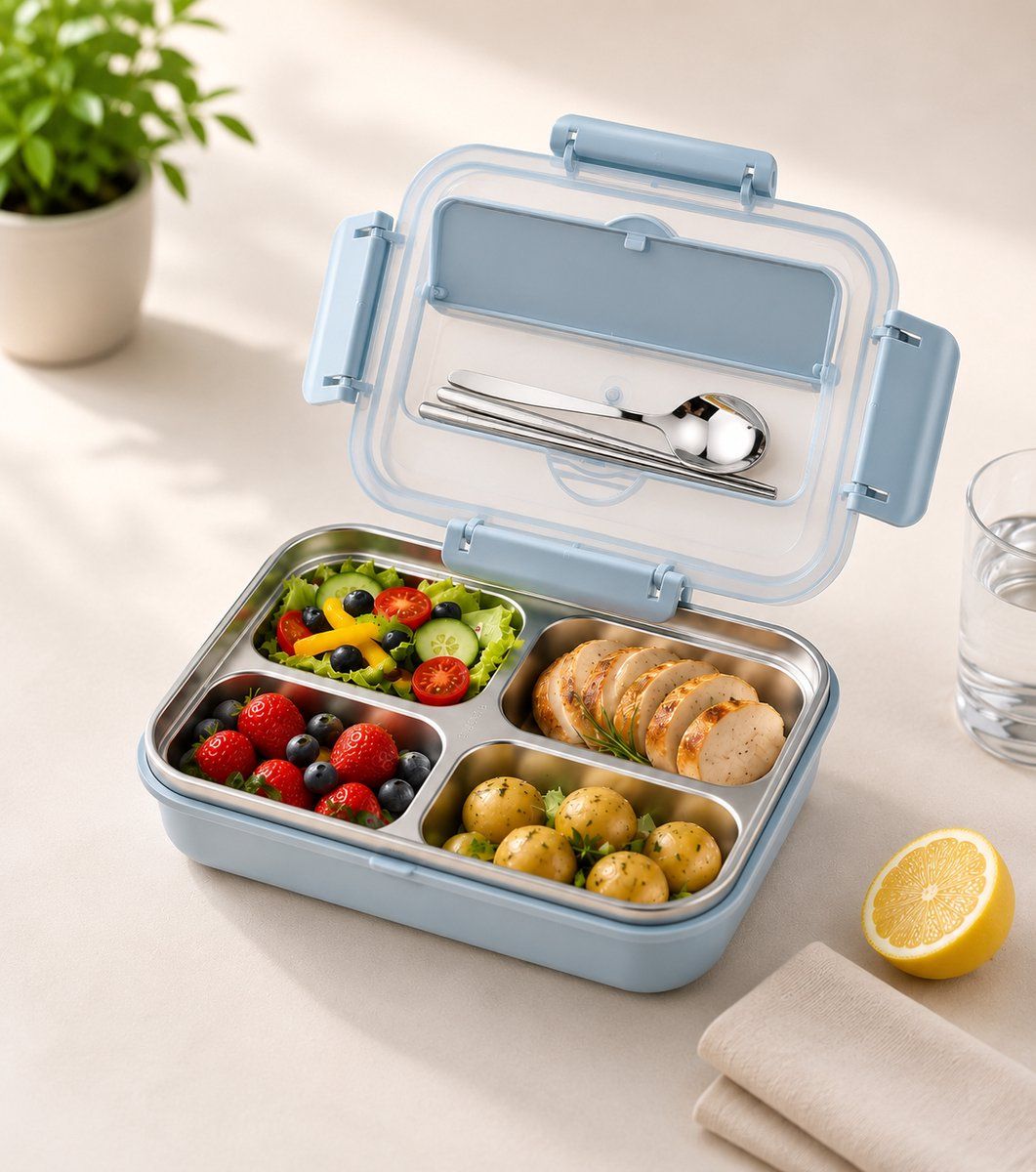Stainless Steel Bento Lunch Box With BPA Free Lid, Cutlery Set And Phone Holder, Meal Prep Lunchbox For School And Work, Blue