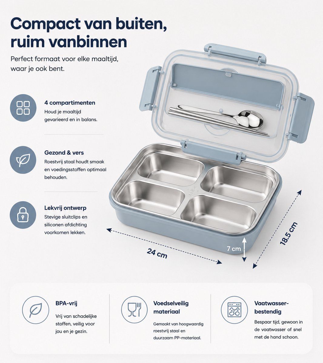 Stainless Steel Bento Lunch Box With BPA Free Lid, Cutlery Set And Phone Holder, Meal Prep Lunchbox For School And Work, Blue