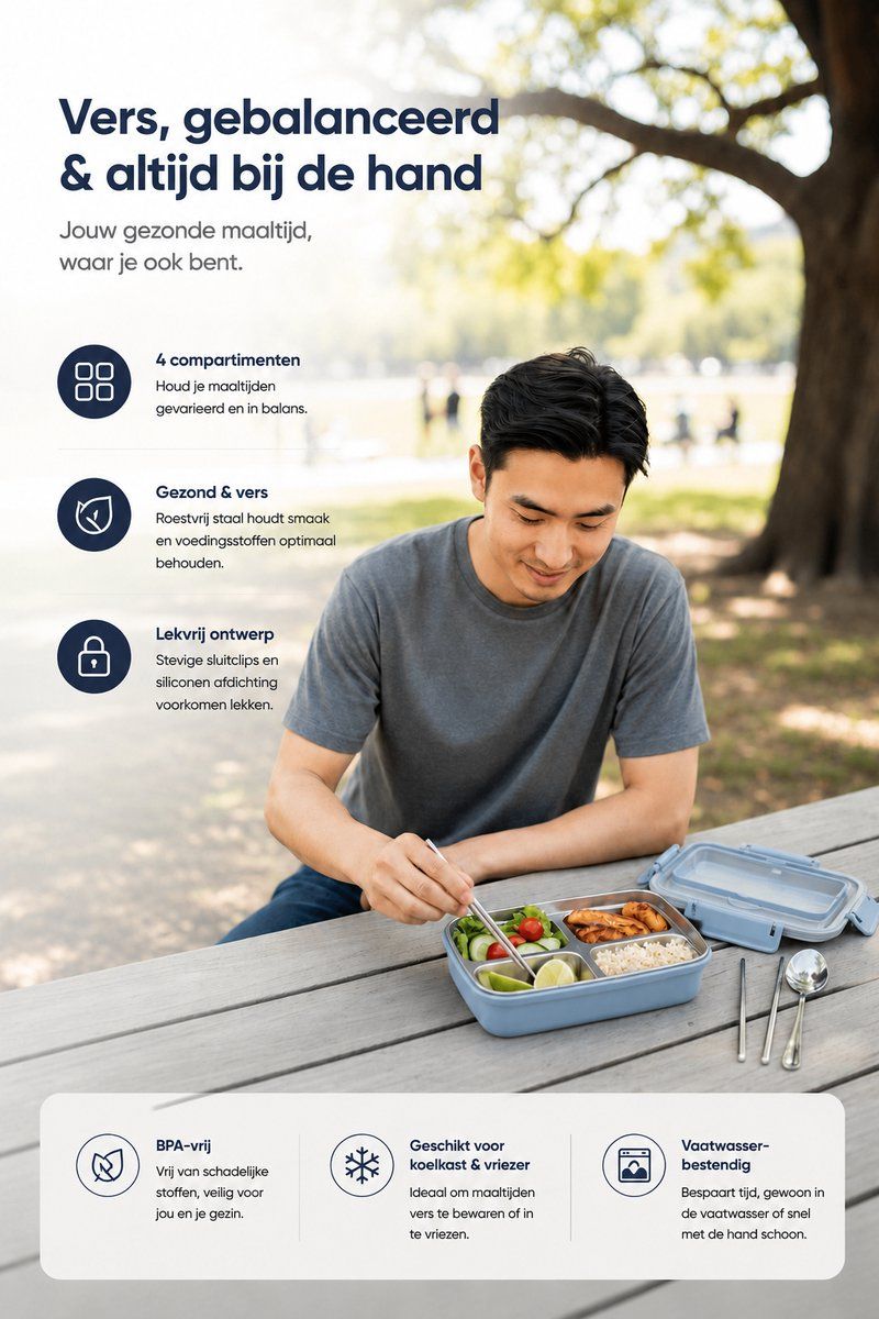 Stainless Steel Bento Lunch Box With BPA Free Lid, Cutlery Set And Phone Holder, Meal Prep Lunchbox For School And Work, Blue