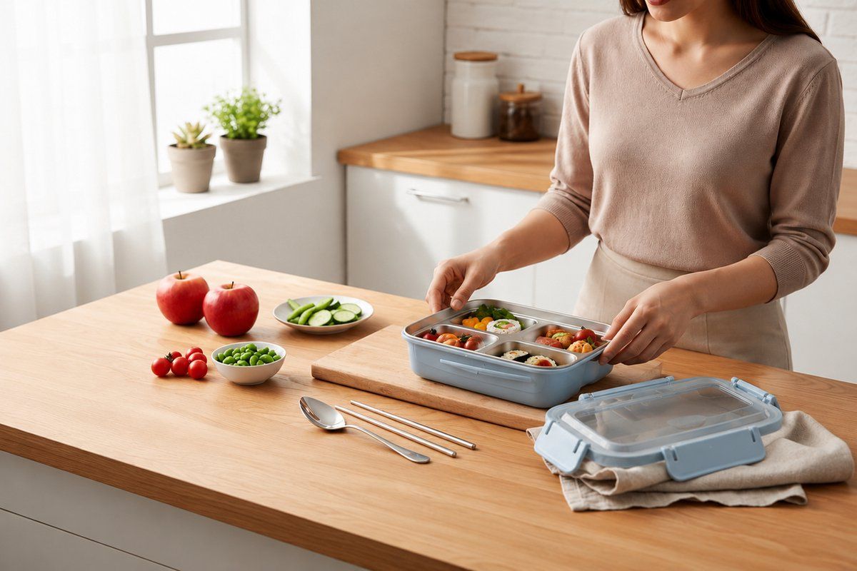 Stainless Steel Bento Lunch Box With BPA Free Lid, Cutlery Set And Phone Holder, Meal Prep Lunchbox For School And Work, Blue