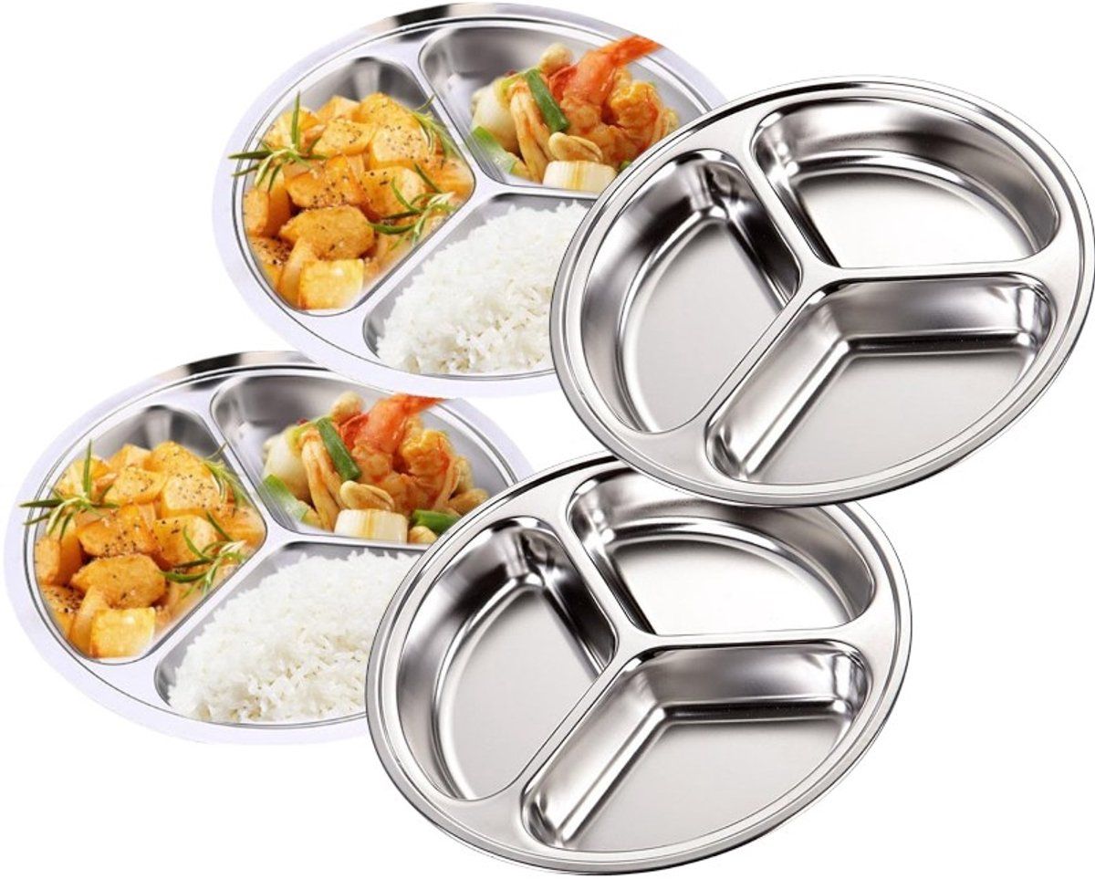 4 Pack Stainless Steel Divided Dinner Plates, 3 Compartment Round BPA Free Portion Trays For Kids And Adults, Camping Picnic, Silver, 23.5 cm
