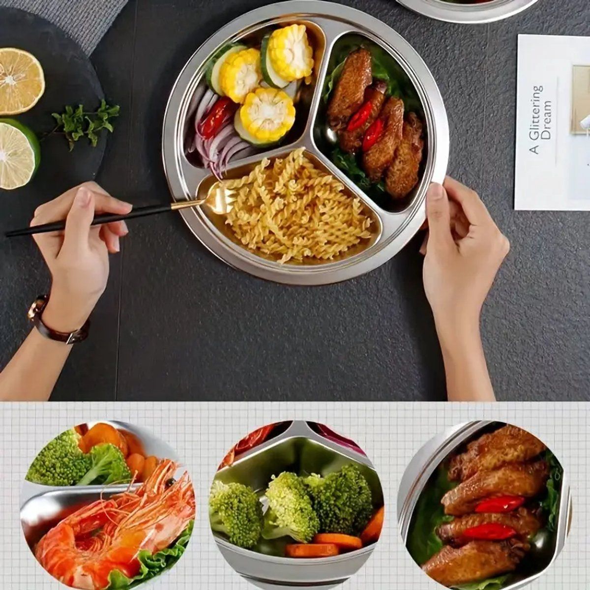 4 Pack Stainless Steel Divided Dinner Plates, 3 Compartment Round BPA Free Portion Trays For Kids And Adults, Camping Picnic, Silver, 23.5 cm