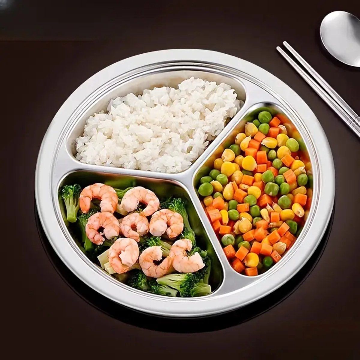 4 Pack Stainless Steel Divided Dinner Plates, 3 Compartment Round BPA Free Portion Trays For Kids And Adults, Camping Picnic, Silver, 23.5 cm