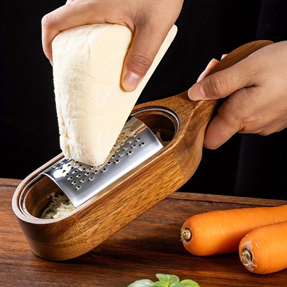 Stainless Steel Cheese Grater With Acacia Wood Handle And Catch Tray, Handheld Shredder For Cheese Chocolate Ginger Garlic, Silver Wood, 14.7 cm