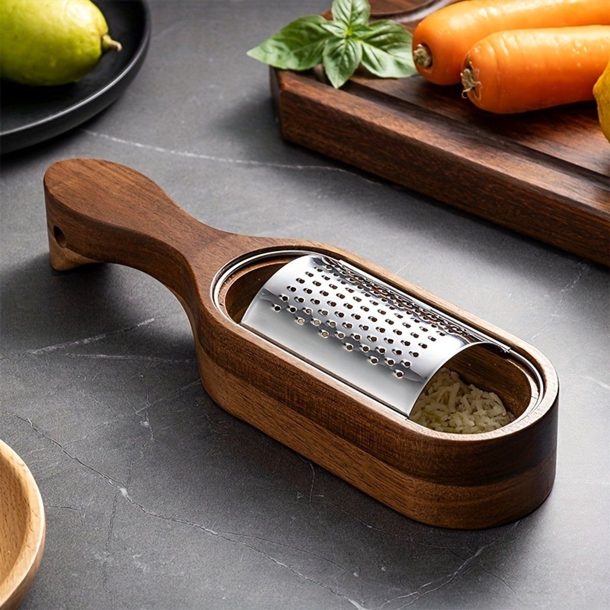 Stainless Steel Cheese Grater With Acacia Wood Handle And Catch Tray, Handheld Shredder For Cheese Chocolate Ginger Garlic, Silver Wood, 14.7 cm
