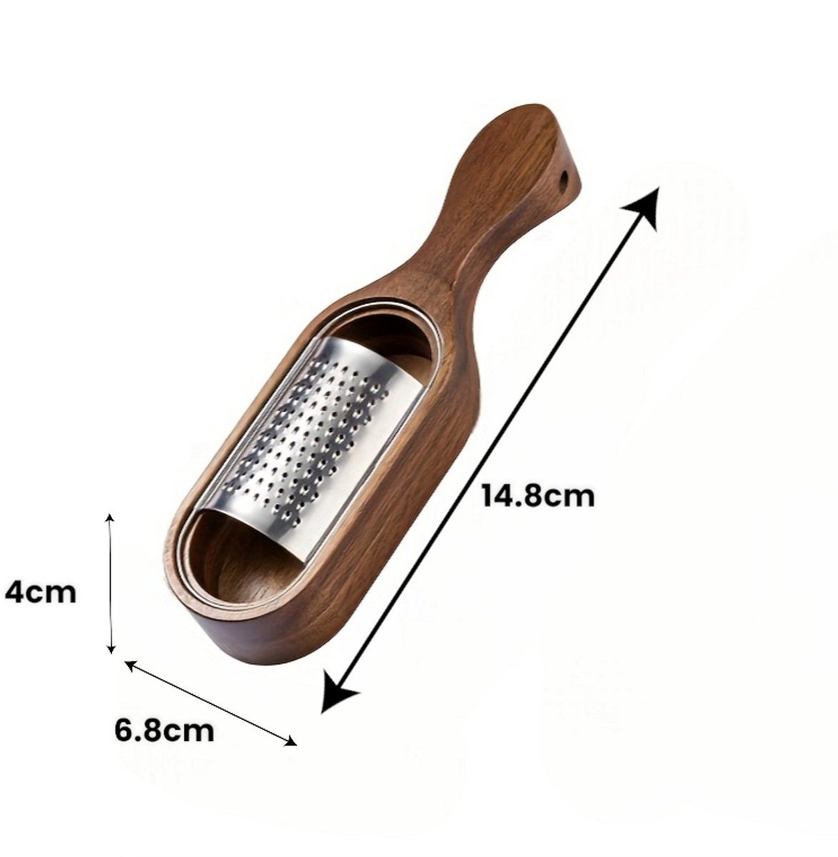 Stainless Steel Cheese Grater With Acacia Wood Handle And Catch Tray, Handheld Shredder For Cheese Chocolate Ginger Garlic, Silver Wood, 14.7 cm