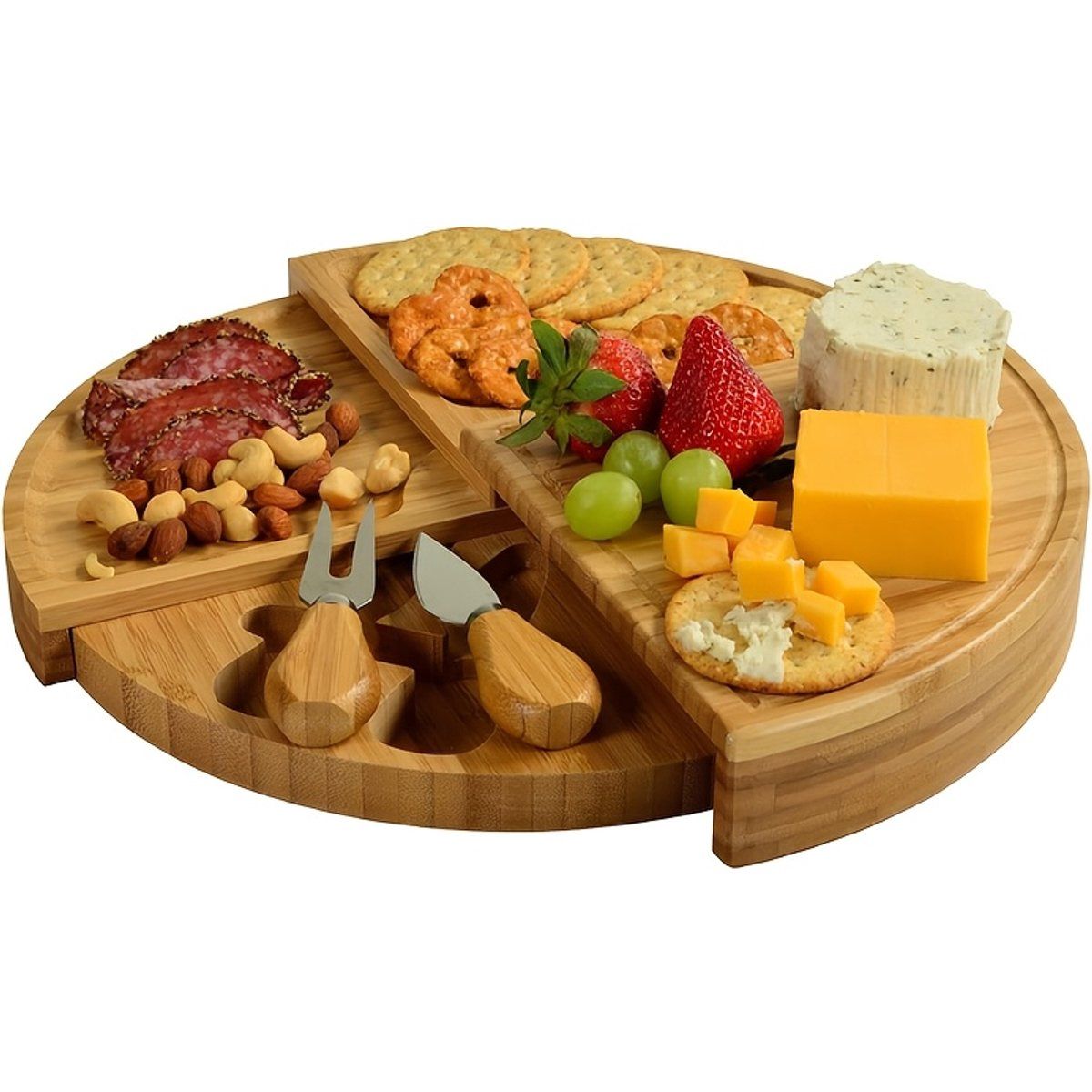 Bamboo Cheese Board Set With Hidden Drawer And 2 Stainless Steel Cheese Knives, Serving Platter For Charcuterie Snacks Fruit And Parties, Natural