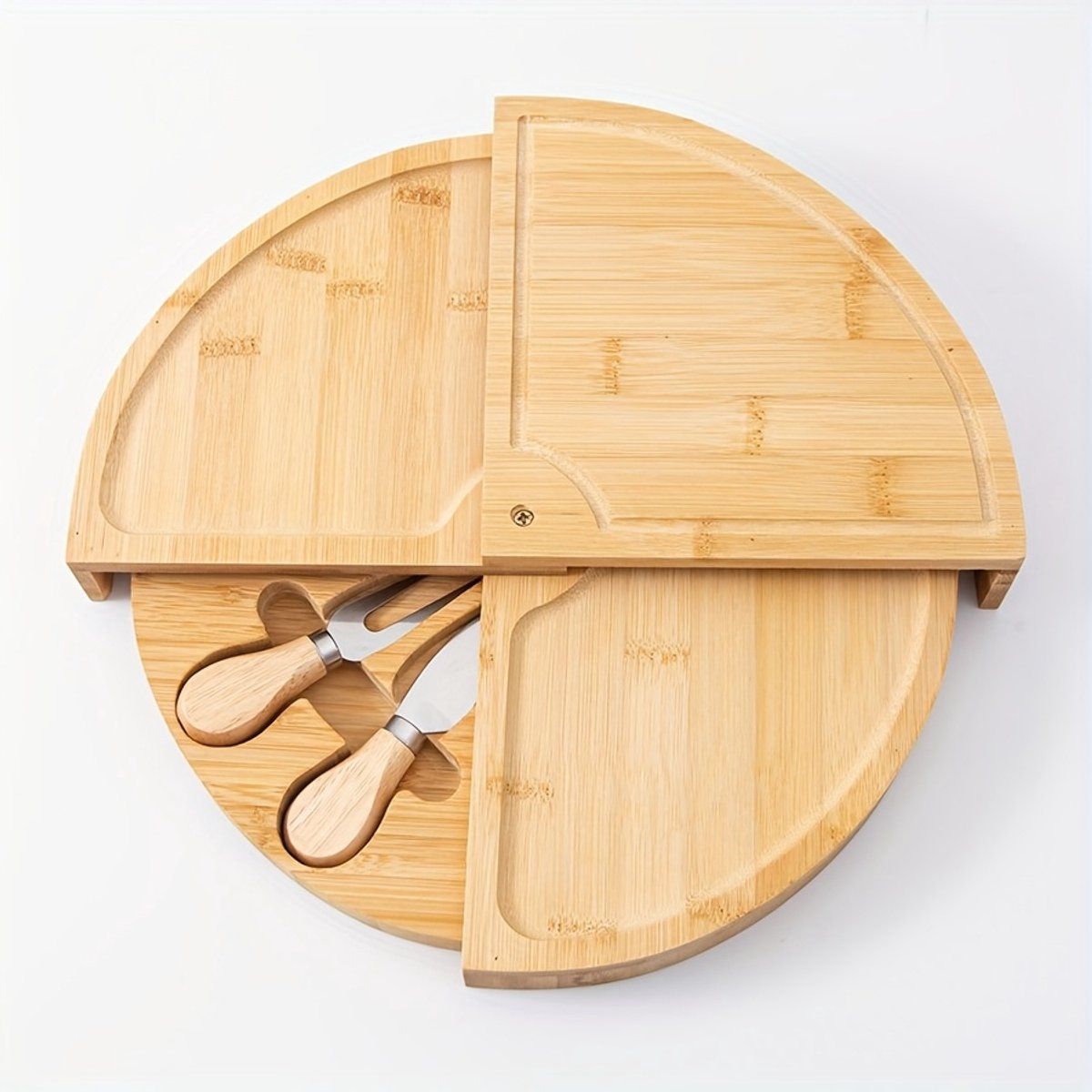 Bamboo Cheese Board Set With Hidden Drawer And 2 Stainless Steel Cheese Knives, Serving Platter For Charcuterie Snacks Fruit And Parties, Natural