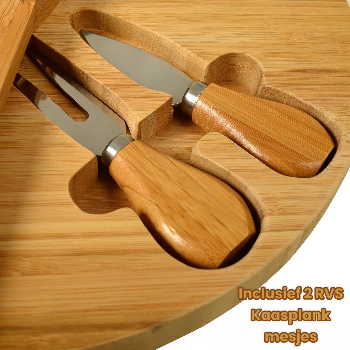 Bamboo Cheese Board Set With Hidden Drawer And 2 Stainless Steel Cheese Knives, Serving Platter For Charcuterie Snacks Fruit And Parties, Natural