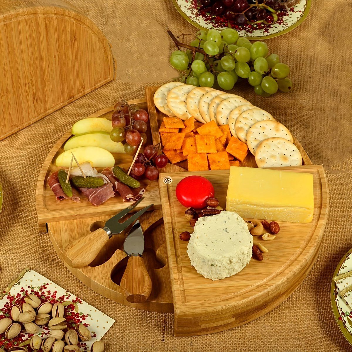 Bamboo Cheese Board Set With Hidden Drawer And 2 Stainless Steel Cheese Knives, Serving Platter For Charcuterie Snacks Fruit And Parties, Natural