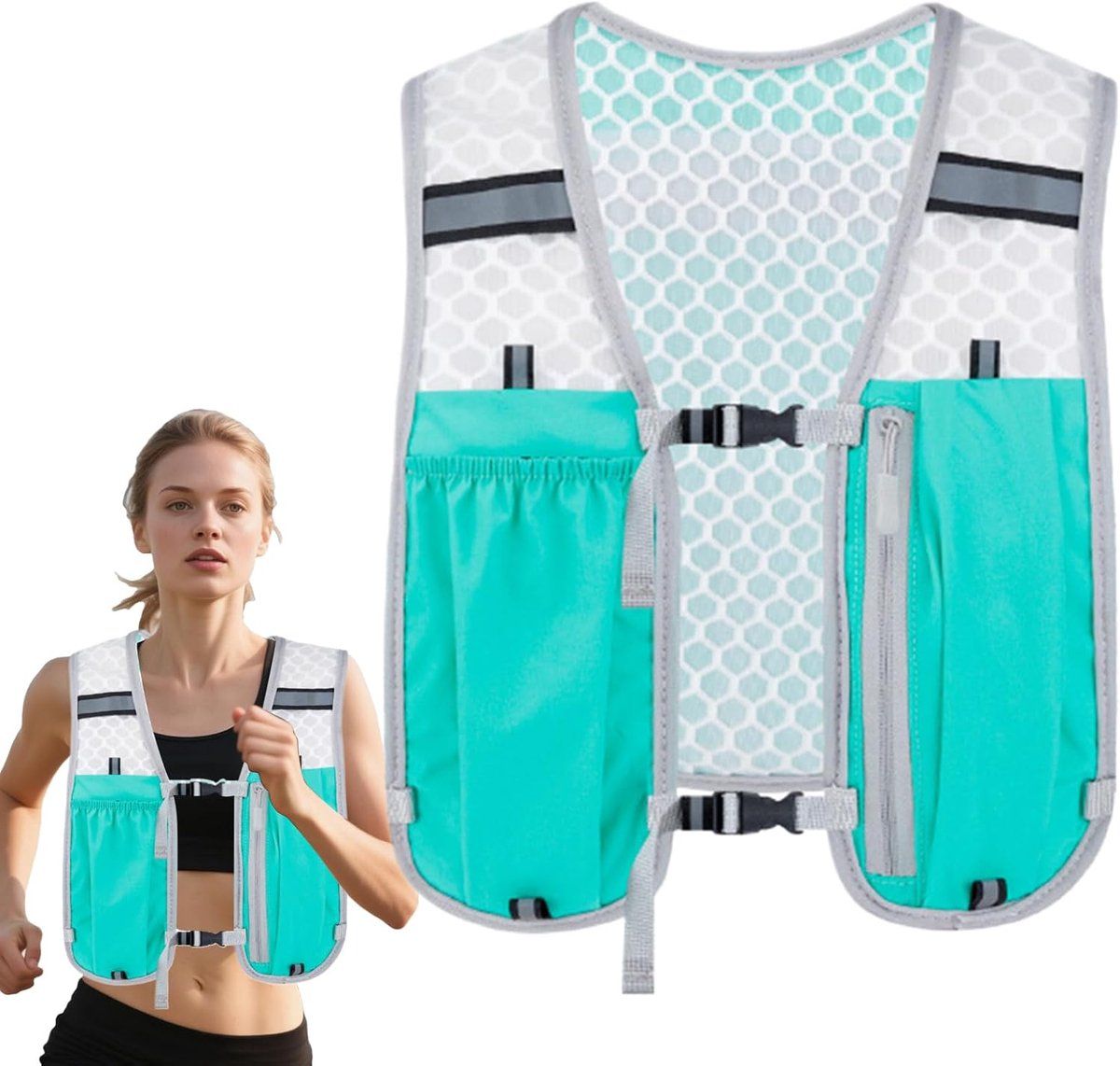 Reflective Running Hydration Vest With Phone Holder And Bladder Pocket, Turquoise Gray, 2 L