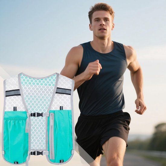 Reflective Running Hydration Vest With Phone Holder And Bladder Pocket, Turquoise Gray, 2 L