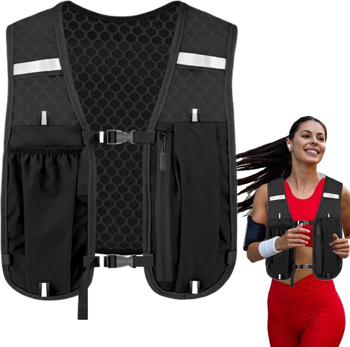 Running Hydration Vest With Reflective Strips, Phone Pockets And Bladder Compartment, Black, 2 L